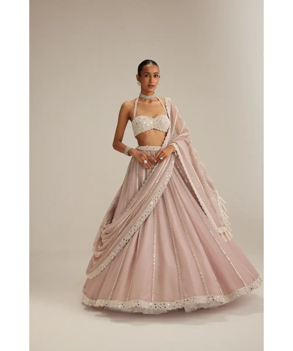 VVANI VATS- Ash Pink linear embroidered Organza Lehenga Set